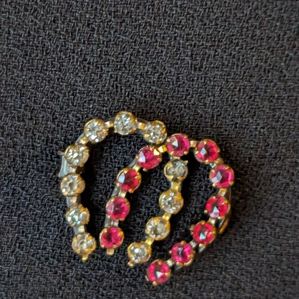 Vintage Gold and Black Brooch Red Clear Rhinestones horseshoe equestrian
